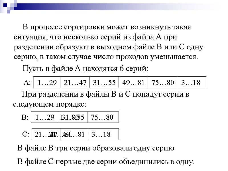 В процессе сортировки может возникнуть такая ситуация, что несколько серий из файла А при